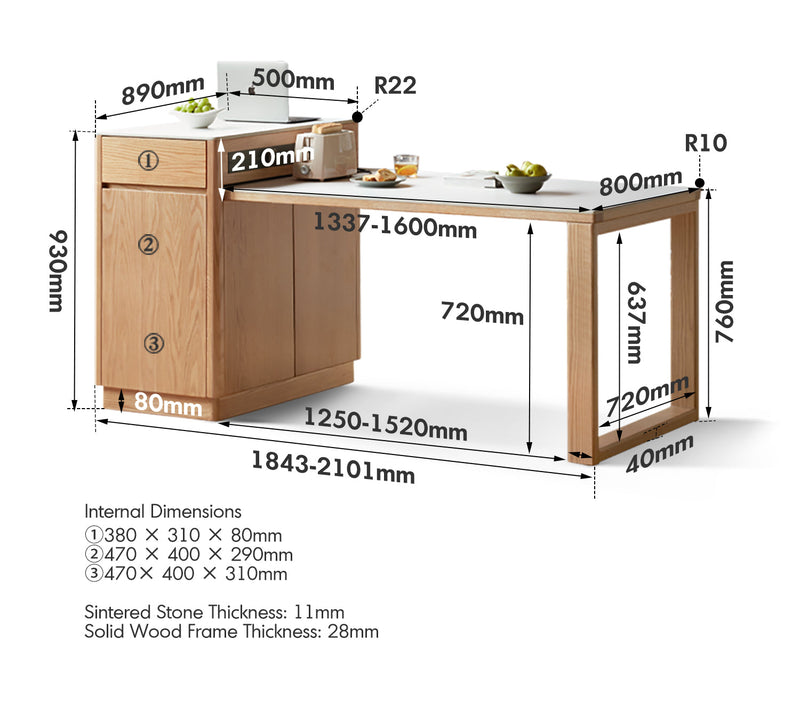 dimension detail diagram of Scandinavian Oak Wood Sintered Stone Extendable Island Dining Table With Cabinet FLEXA