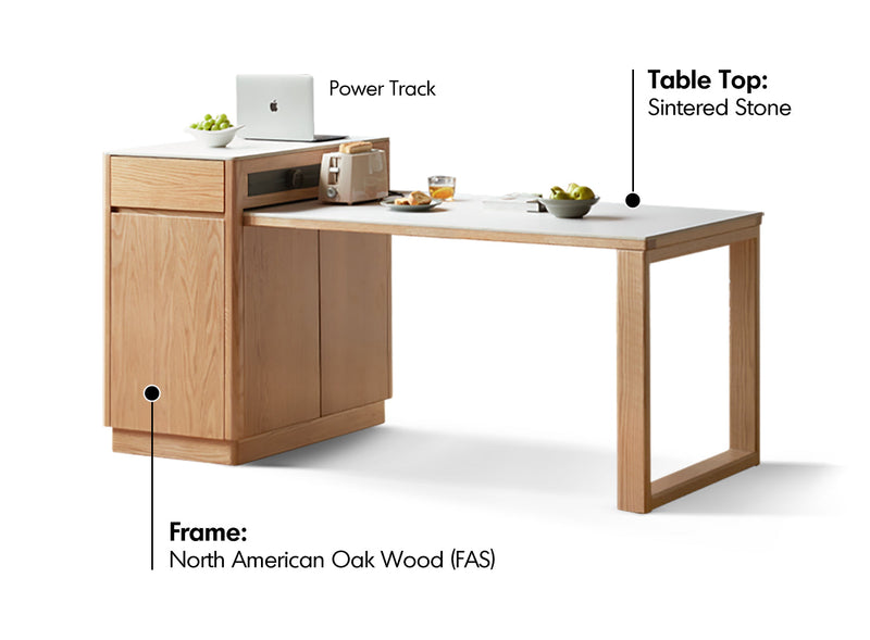 more material details of Scandinavian Oak Wood Sintered Stone Extendable Island Dining Table With Cabinet FLEXA