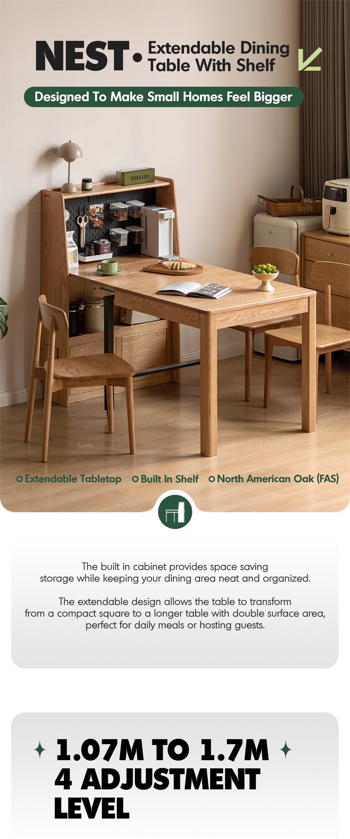 Scandinavian Oak Wood Extendable Dining Table With Shelf NEST More Details and Instruction