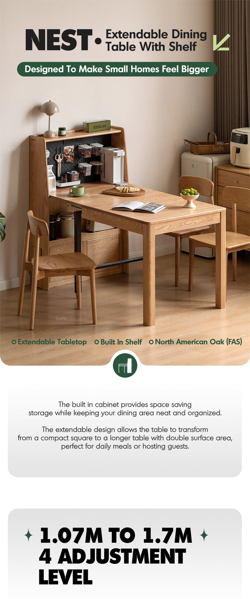 Scandinavian Oak Wood Extendable Dining Table With Shelf NEST More Details and Instruction