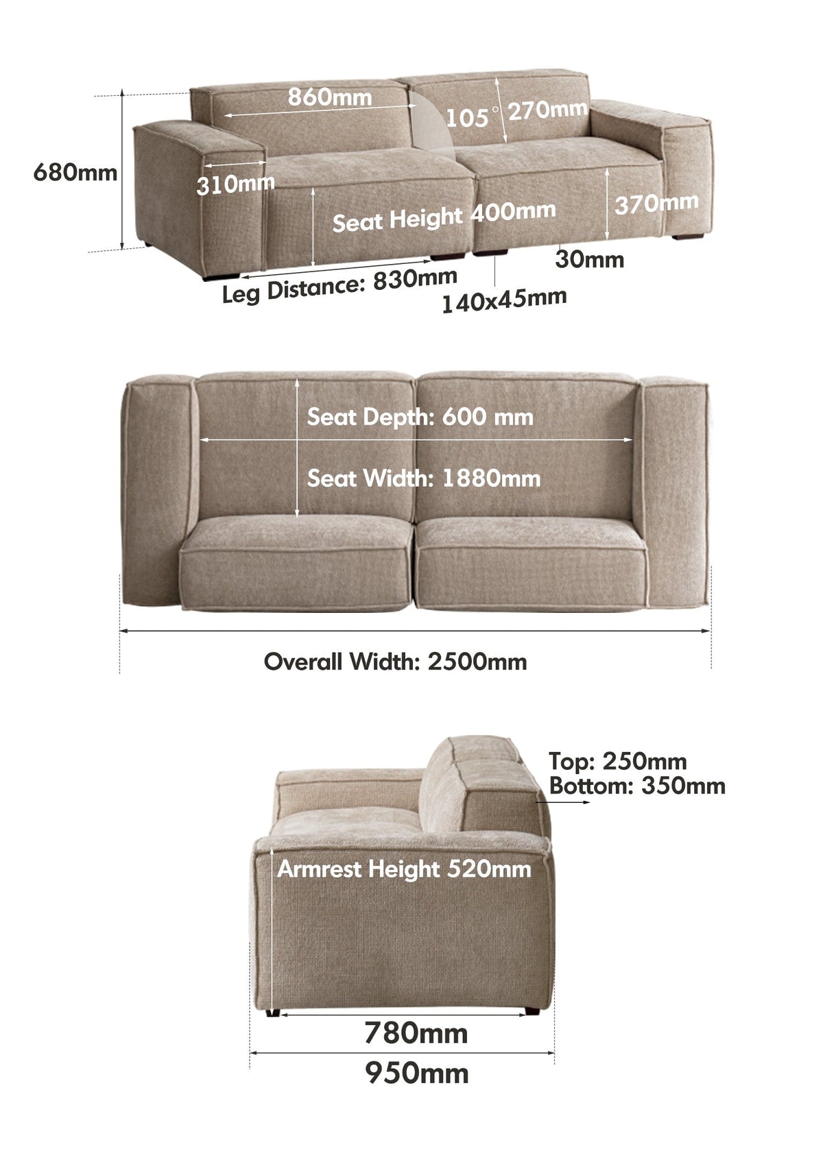 dimension detail diagram of Minimalist Linen Fabric 4 Seater Sofa CAMALEONDA