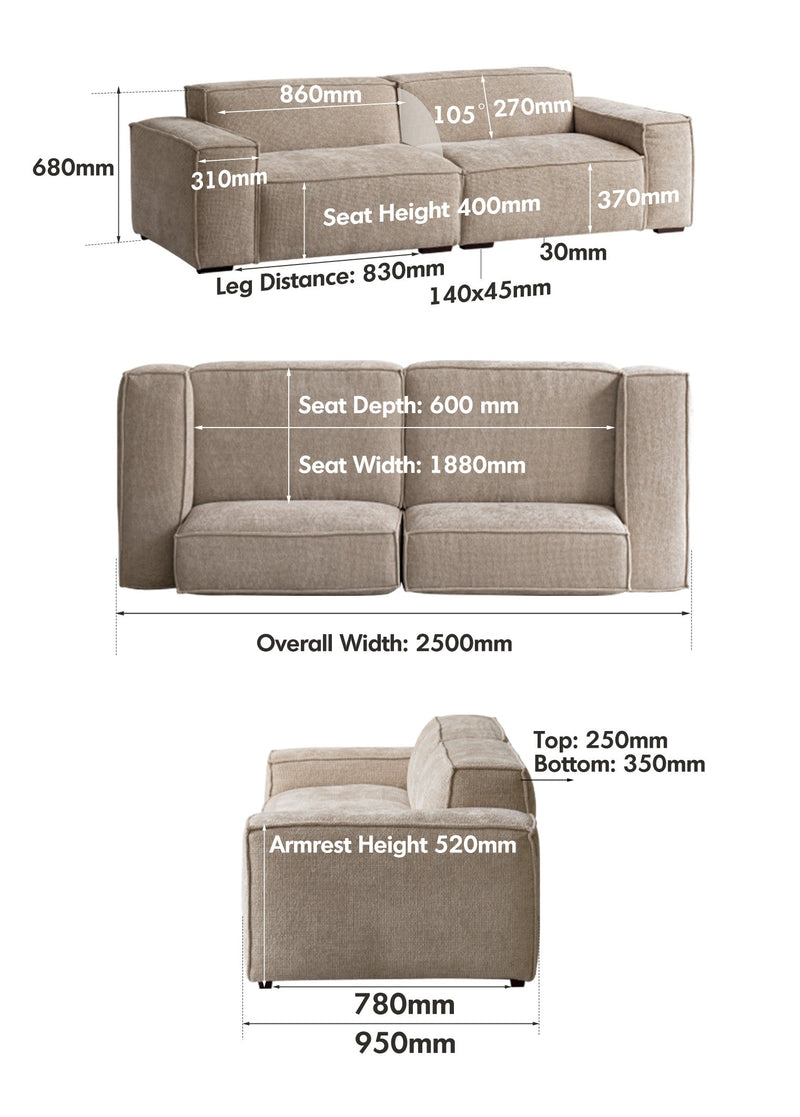 dimension detail diagram of Minimalist Linen Fabric 4 Seater Sofa CAMALEONDA
