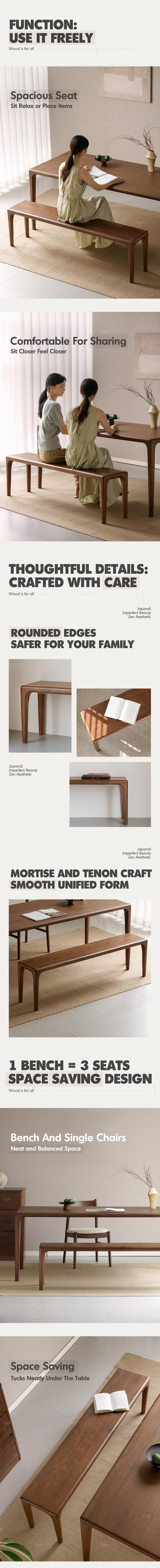 more product details and feature of Japandi Walnut Wood Dining Bench CONTI