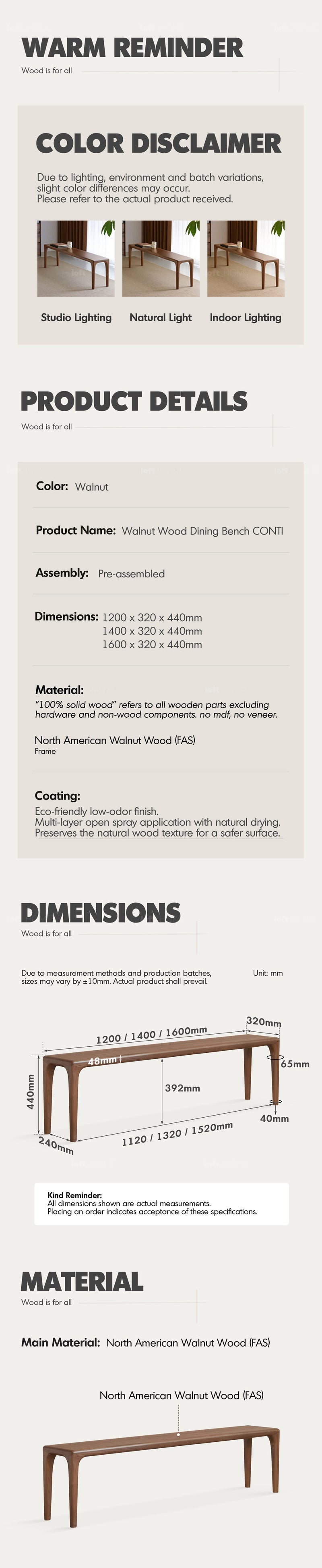more product details and feature of Japandi Walnut Wood Dining Bench CONTI