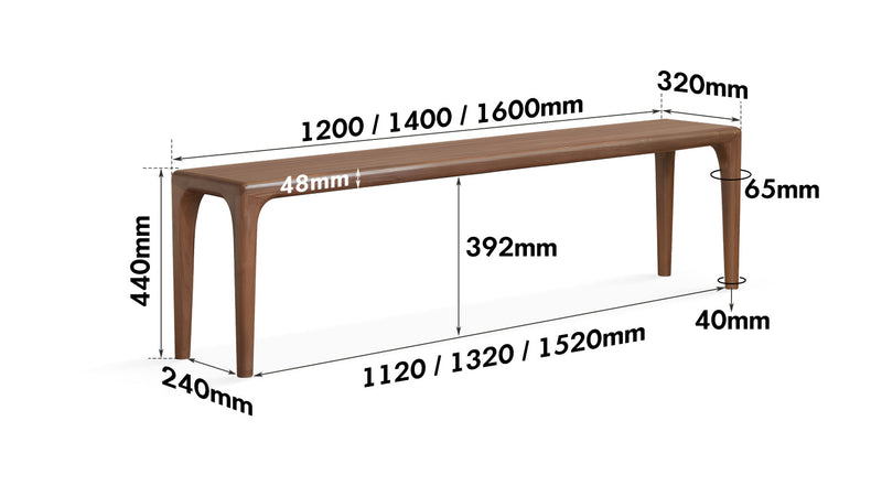 dimension detail diagram of Japandi Walnut Wood Dining Bench CONTI