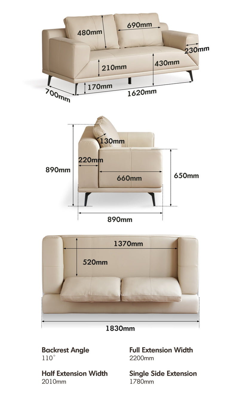 dimension detail diagram of Modern Genuine Leather 2 Seater Sofa Bed LINEA