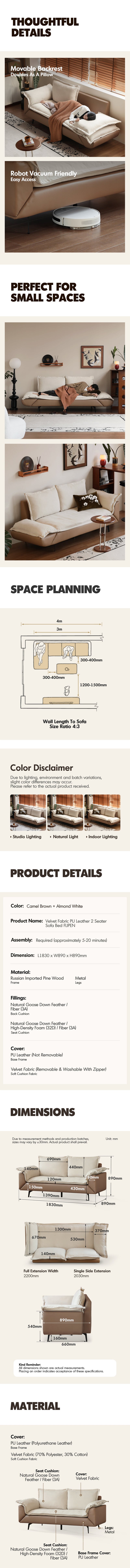 more product details and feature of Modern Velvet Fabric PU Leather 2 Seater Sofa Bed FLIPEN