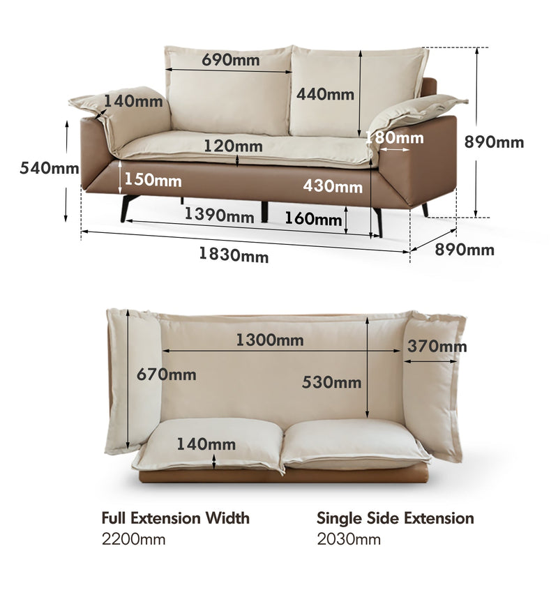 dimension detail diagram of Modern Velvet Fabric PU Leather 2 Seater Sofa Bed FLIPEN