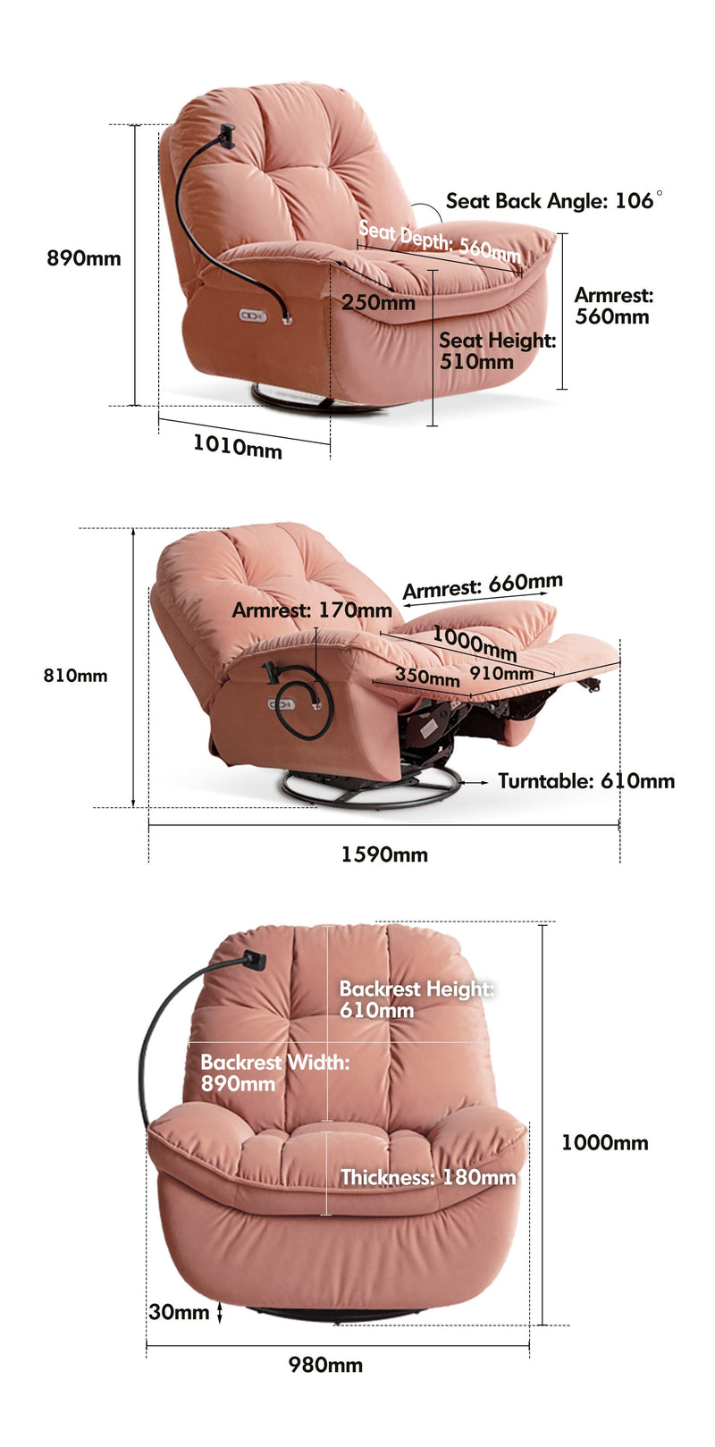 dimension detail diagram of Cream Cat Scratch Resistant Fabric Electric Recliner 1 Seater Sofa With Phone Holder NESTA