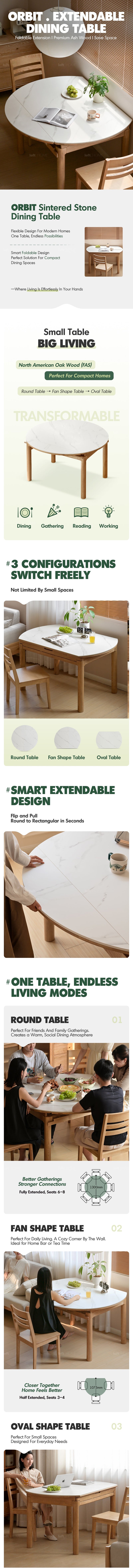 more product details and feature of Scandinavian Oak Wood Sintered Stone Extendable Round Dining Table ORBIT