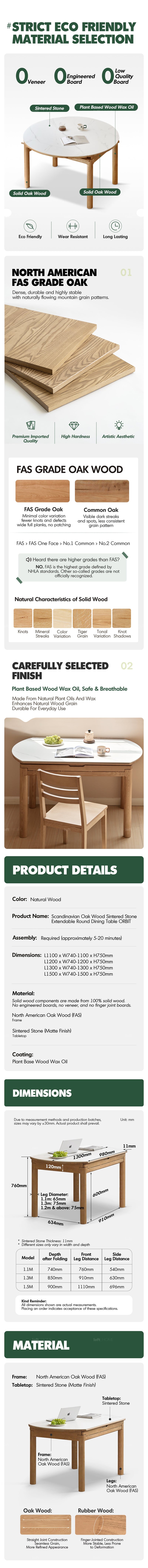 more product details and feature of Scandinavian Oak Wood Sintered Stone Extendable Round Dining Table ORBIT