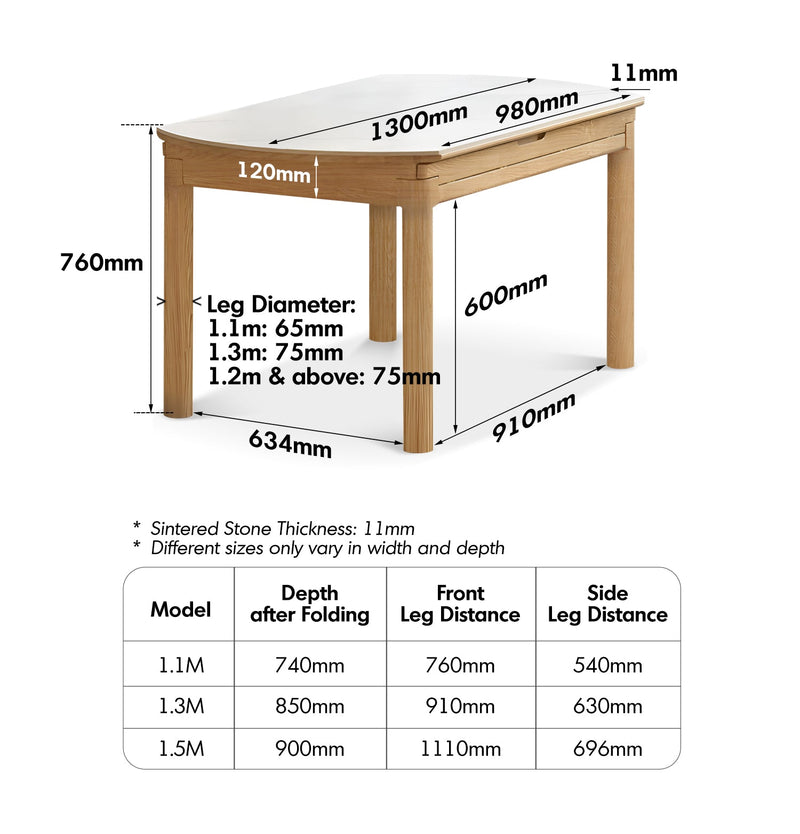 dimension detail diagram of Scandinavian Oak Wood Sintered Stone Extendable Round Dining Table ORBIT