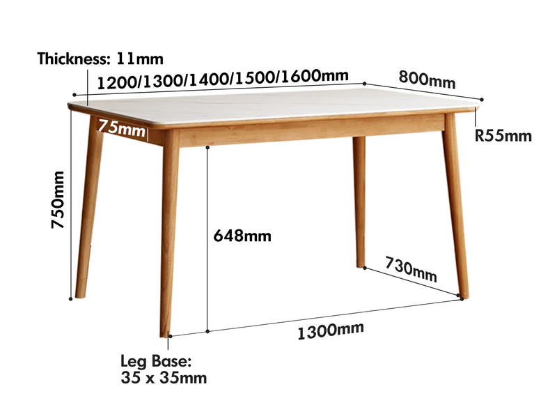 dimension detail diagram of Scandinavian Oak Wood Sintered Stone Dining Table FORME