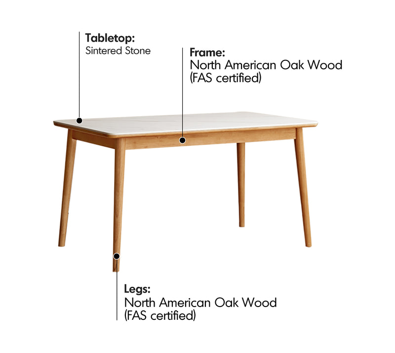 Scandinavian Oak Wood Sintered Stone Dining Table FORME Material Details Chart