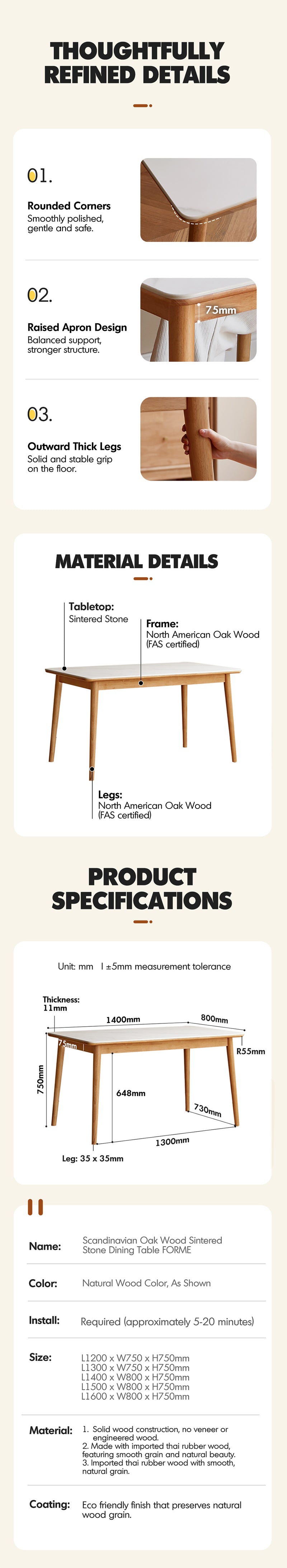Scandinavian Oak Wood Sintered Stone Dining Table FORME More Details and Instruction_3