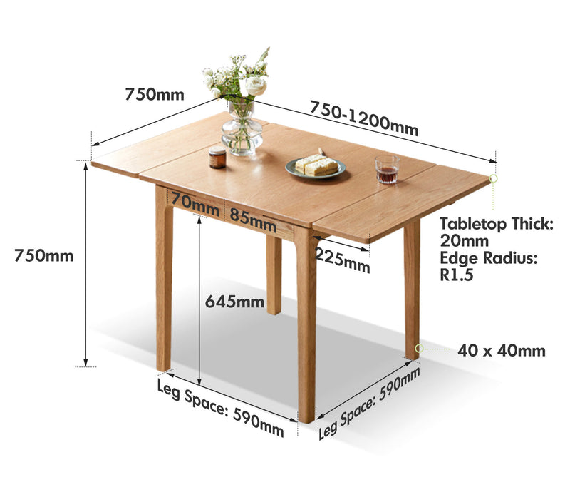 dimension detail diagram of Scandinavian Oak Wood Extendable Dining Table EXTENDRA
