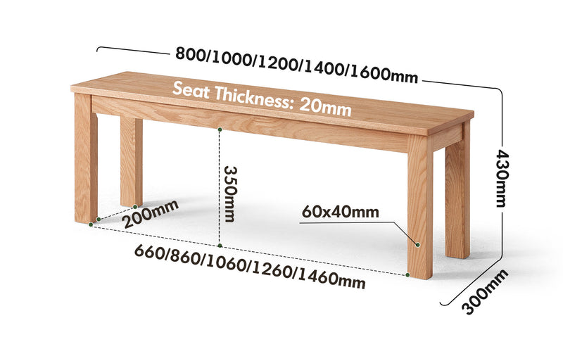dimension detail diagram of Scandinavian Oak Wood Dining Bench JAMO