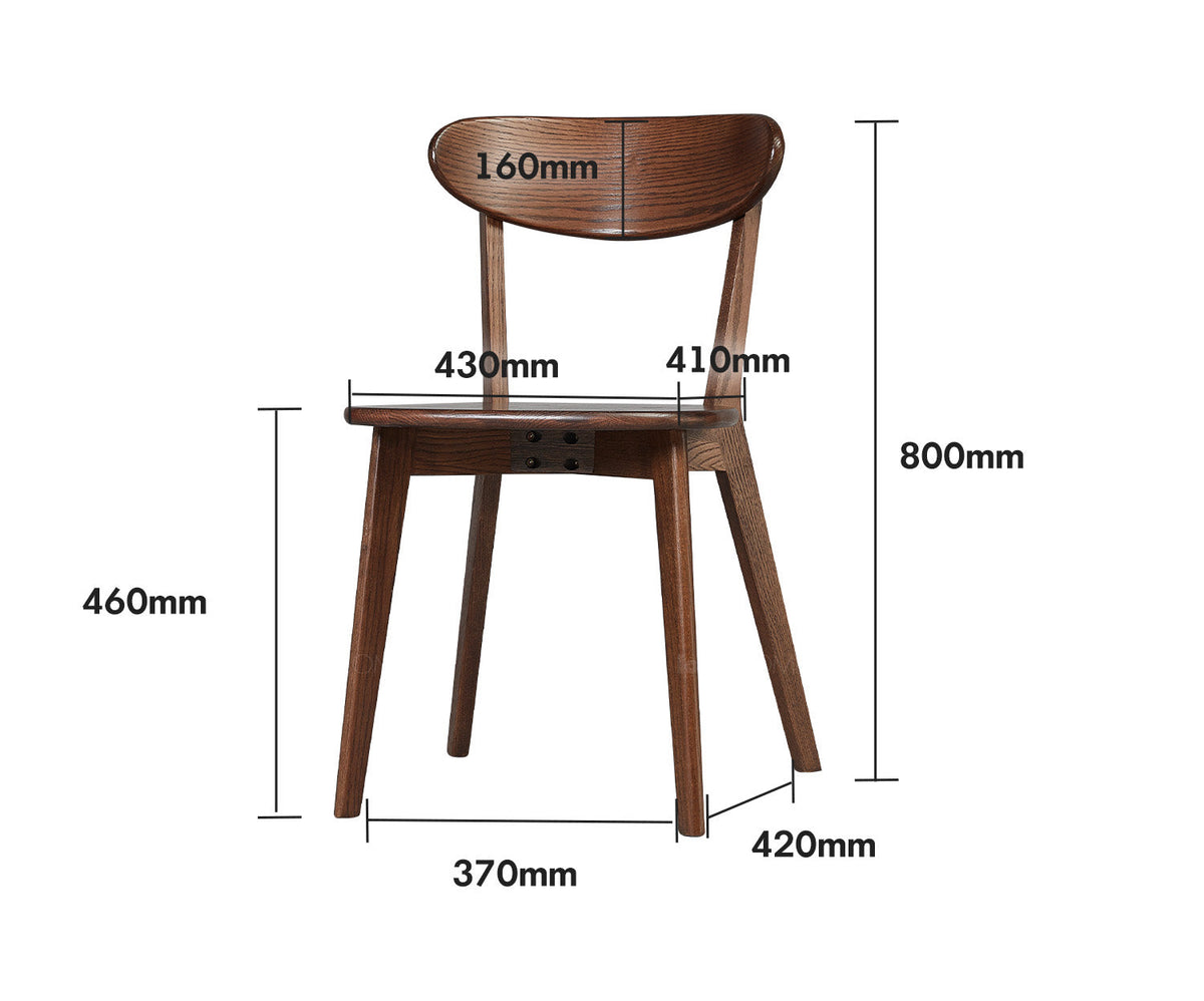 dimension detail diagram of Japandi Oak Wood Dining Chair ELM WALNUT