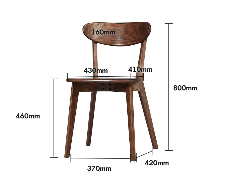 dimension detail diagram of Japandi Oak Wood Dining Chair ELM WALNUT