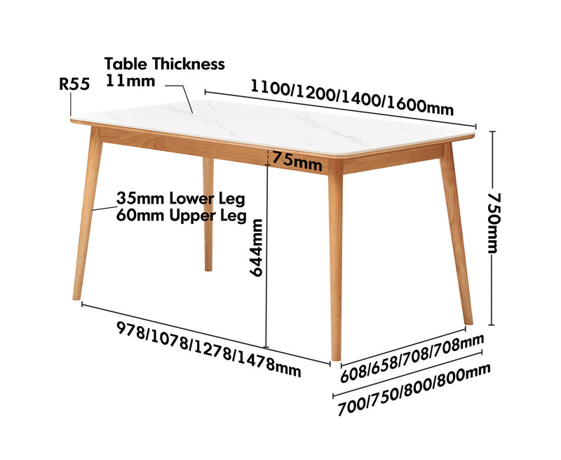 dimension detail diagram of Scandinavian Sintered Stone Rubber Wood Dining Table ROWAN