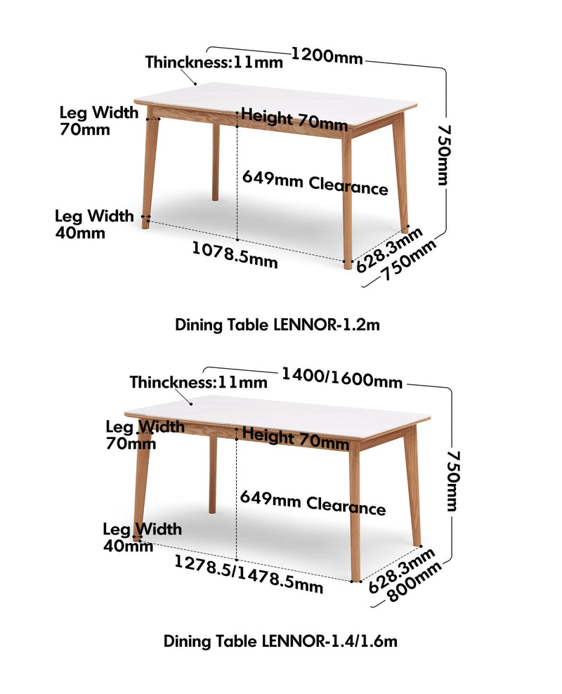 dimension detail diagram of Scandinavian Sintered Stone Oak Wood Dining Table JADEN