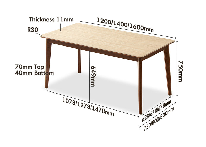 dimension detail diagram of Japandi Sintered Stone Oak Wood Dining Table LENNOR