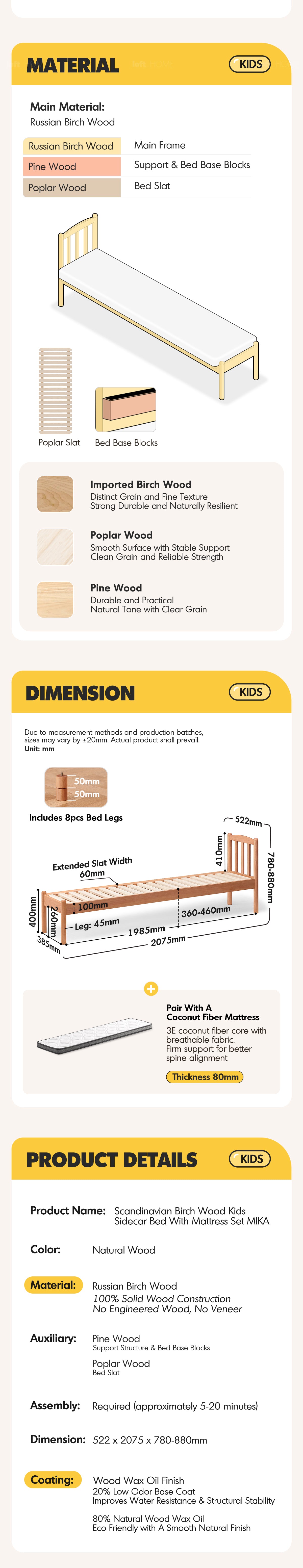 Scandinavian Birch Wood Kids Sidecar Bed With Mattress Set MIKA More Details and Instruction_10