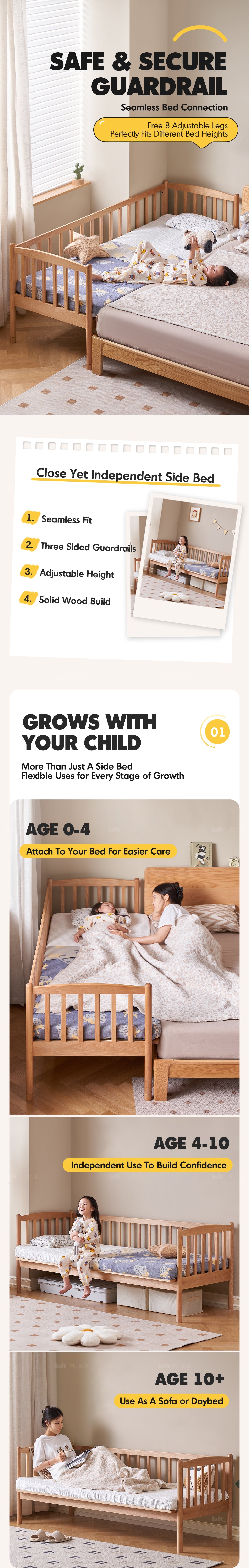 more product details and feature of Scandinavian Birch Wood Kids Sidecar Bed With Mattress Set MYKA