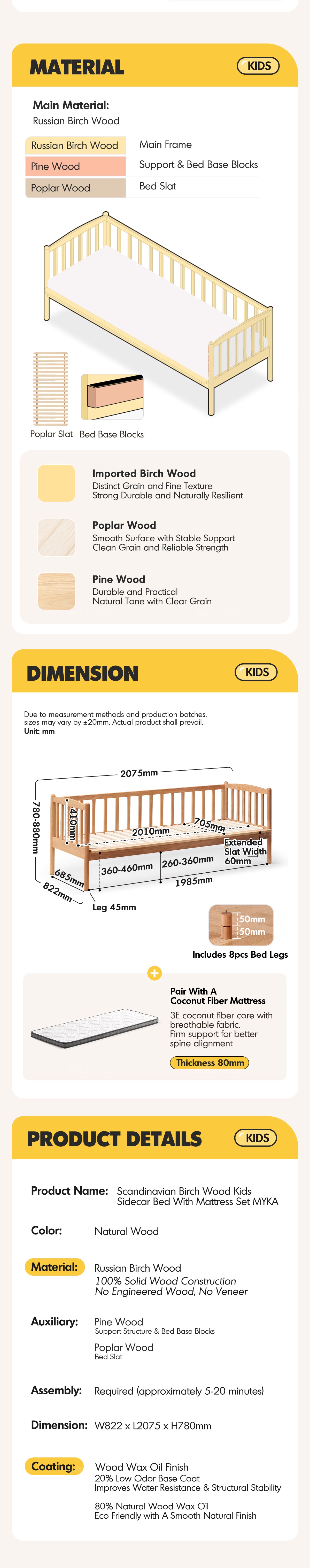 Scandinavian Birch Wood Kids Sidecar Bed With Mattress Set MYKA More Details and Instruction_12