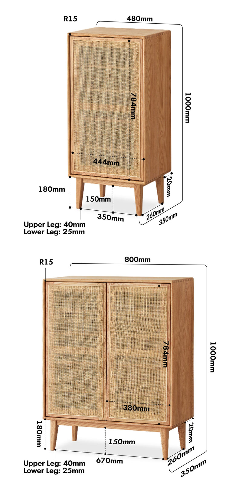 dimension detail diagram of Scandinavian Rattan Oak Wood Shoe Cabinet BERI