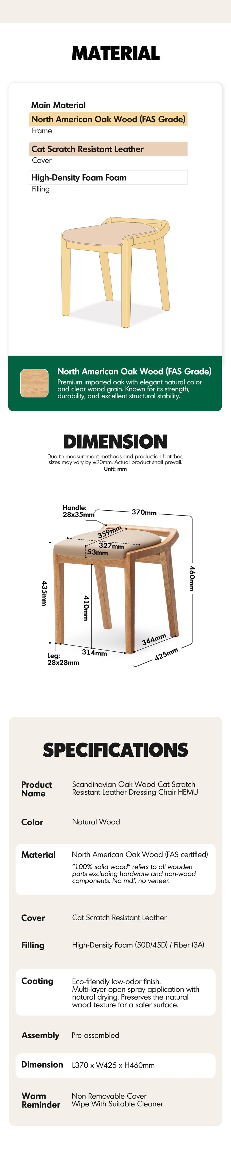Scandinavian Oak Wood Cat Scratch Resistant Leather Dressing Chair HEMU More Details and Instruction_7