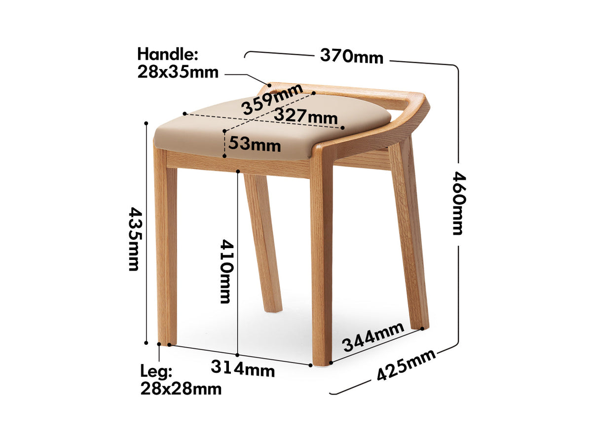 dimension detail diagram of Scandinavian Oak Wood Cat Scratch Resistant Leather Dressing Chair HEMU