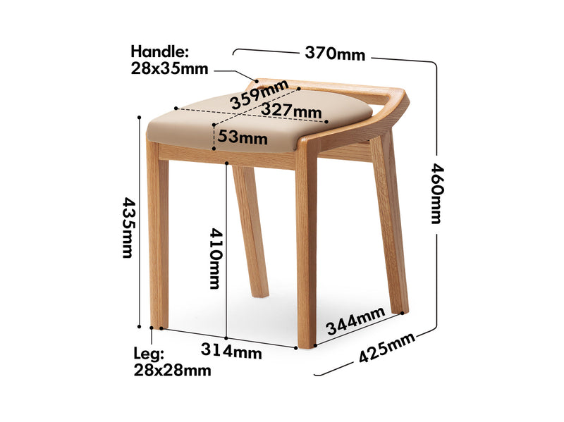 dimension detail diagram of Scandinavian Oak Wood Cat Scratch Resistant Leather Dressing Chair HEMU