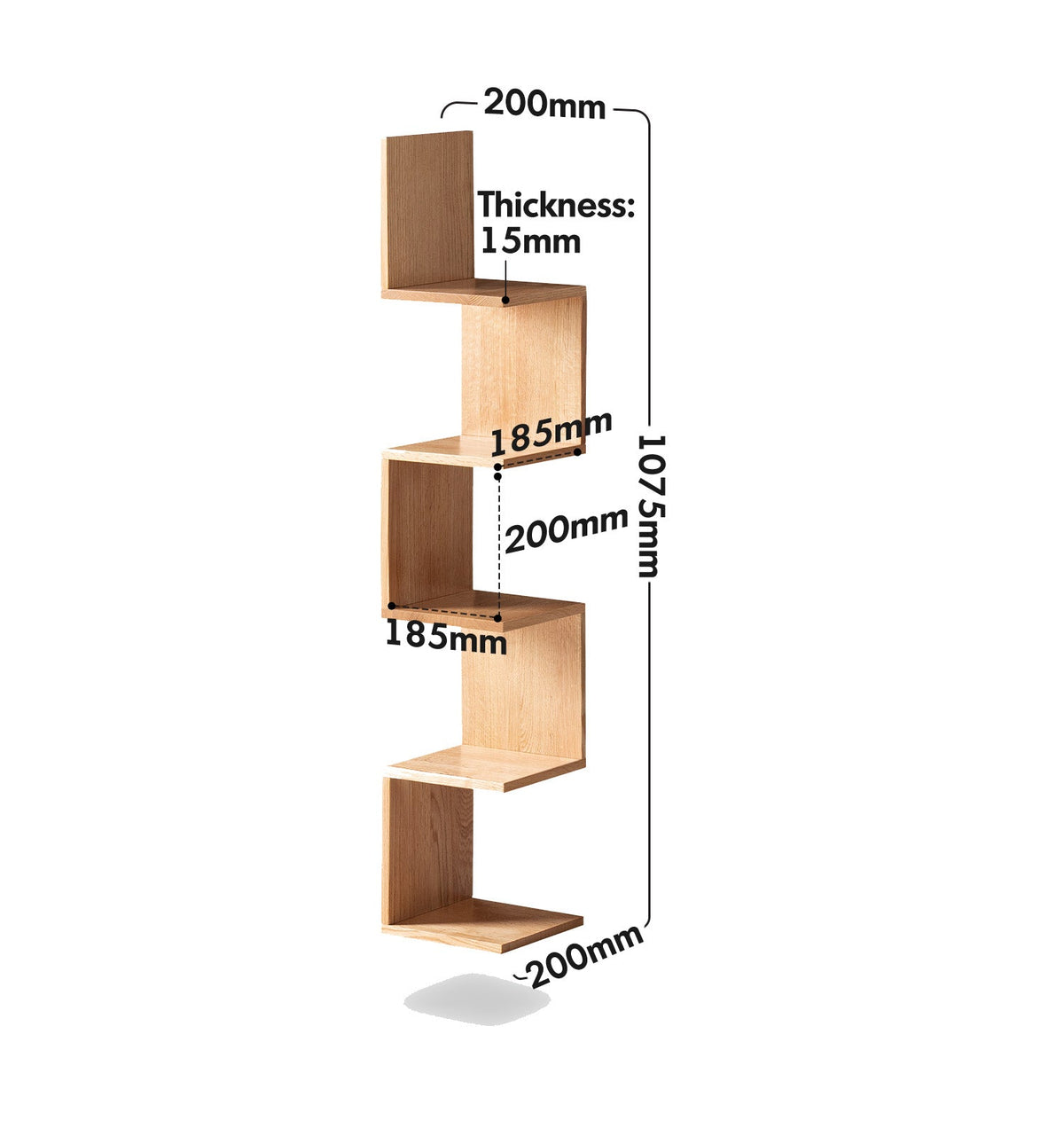 dimension detail diagram of Scandinavian Beech Wood Corner Shelf PITTSBURGH