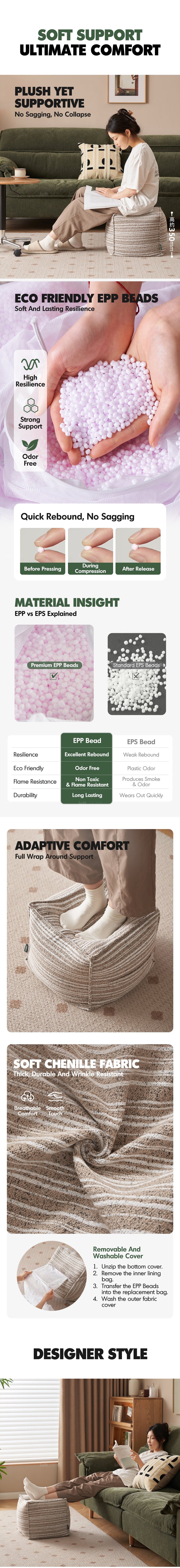more product details and feature of Cream Chenille Velvet Fabric Ottoman STRIPE