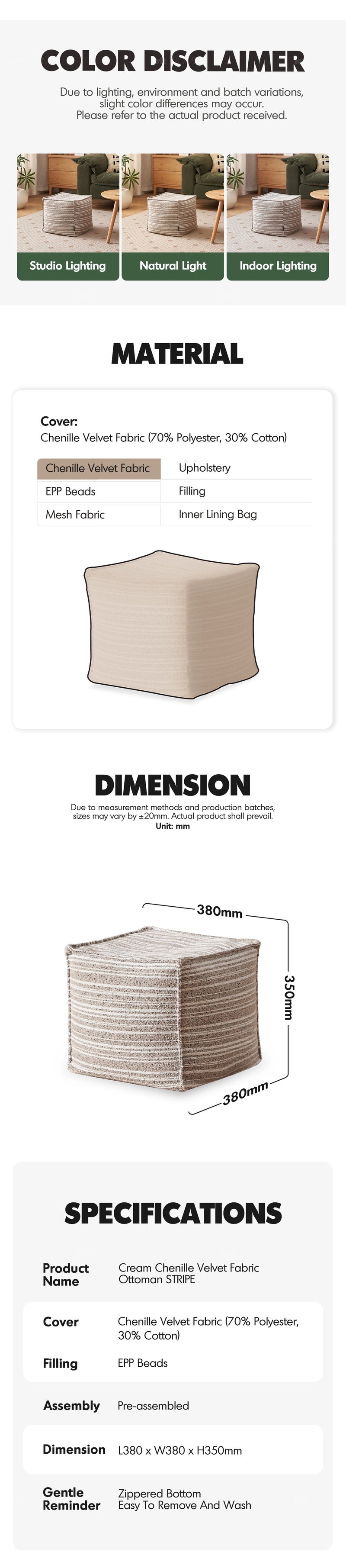 more product details and feature of Cream Chenille Velvet Fabric Ottoman STRIPE