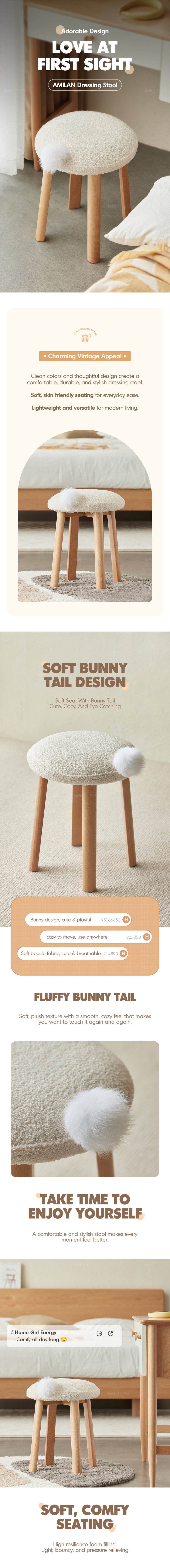 more product details and feature of Cream Teddy Boucle Fabric Dressing Stool AMILAN