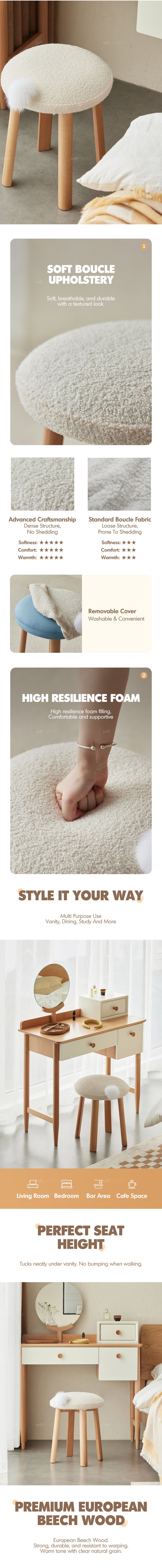more product details and feature of Cream Teddy Boucle Fabric Dressing Stool AMILAN