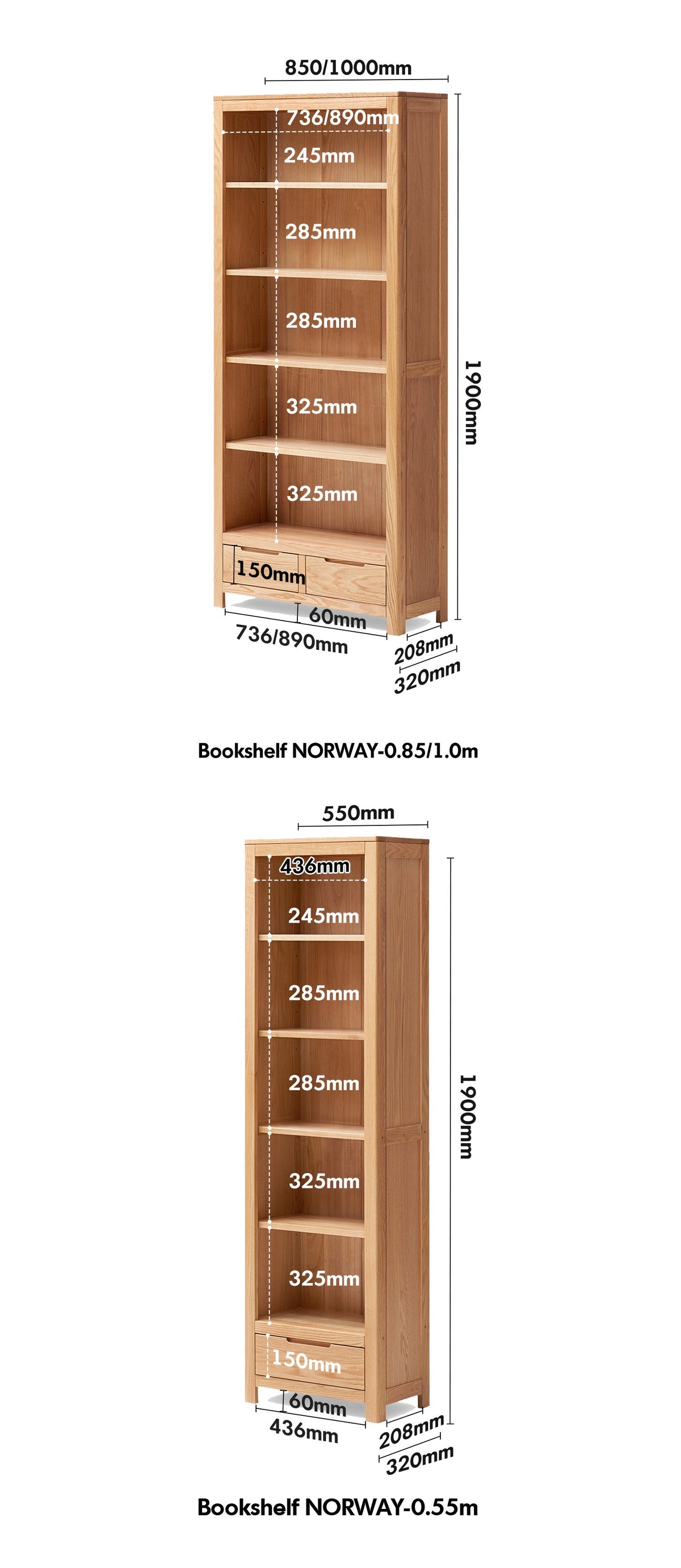 dimension detail diagram of Scandinavian Oak Wood Bookshelf NORWAY