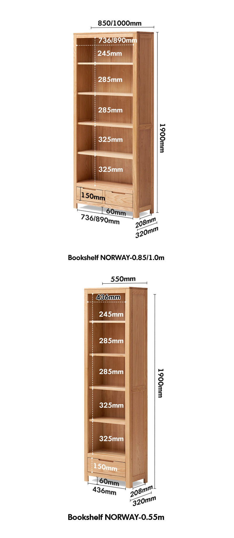 dimension detail diagram of Scandinavian Oak Wood Bookshelf NORWAY