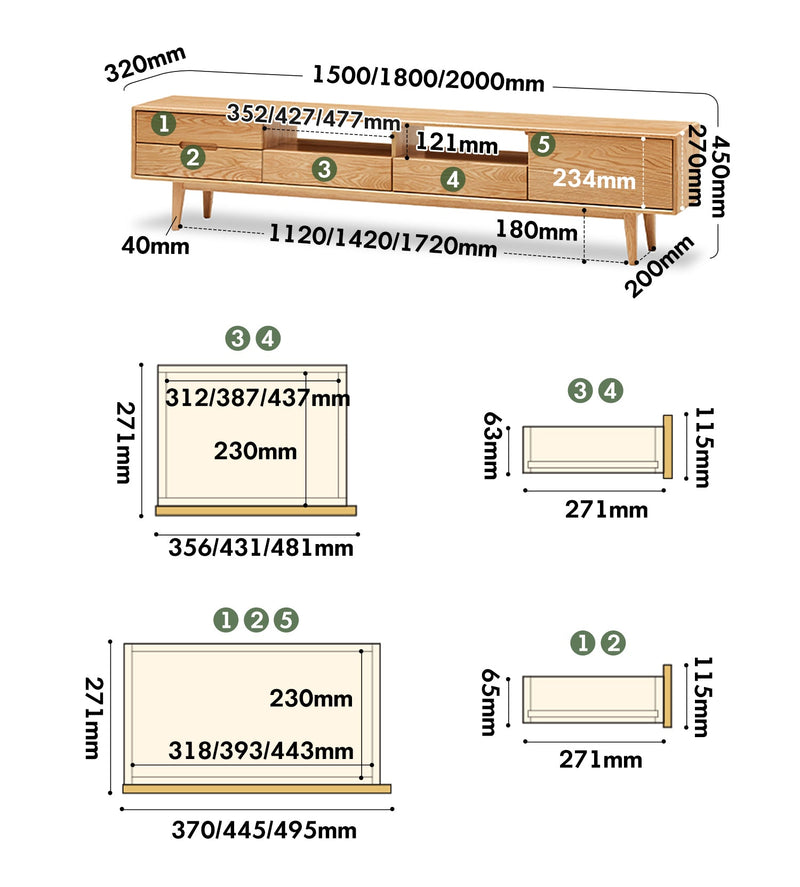 dimension detail diagram of Scandinavian Oak Wood TV Console BERRY