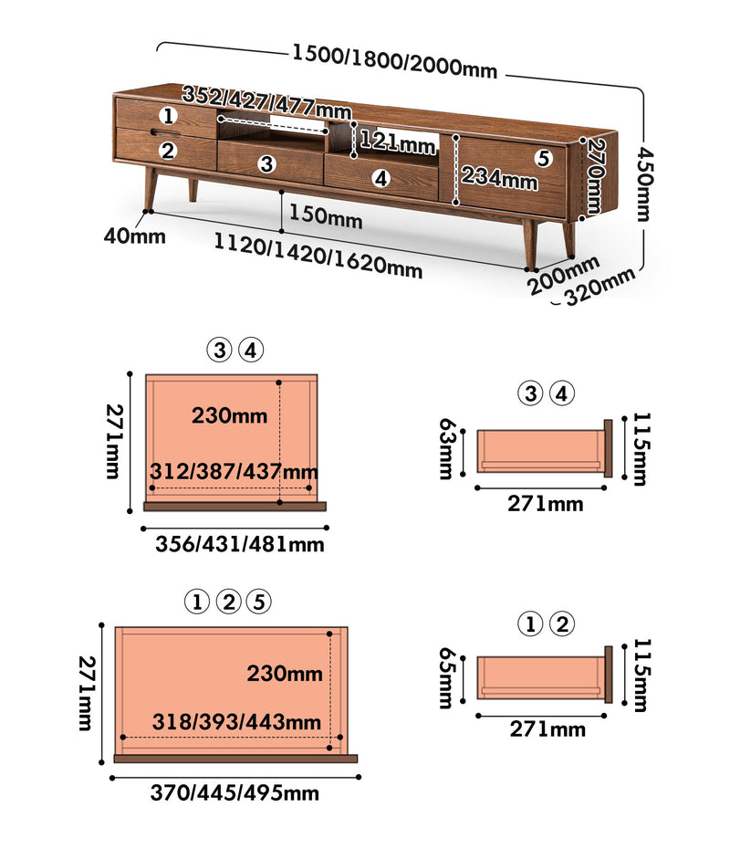 dimension detail diagram of Scandinavian Oak Wood TV Console BERRY WALNUT