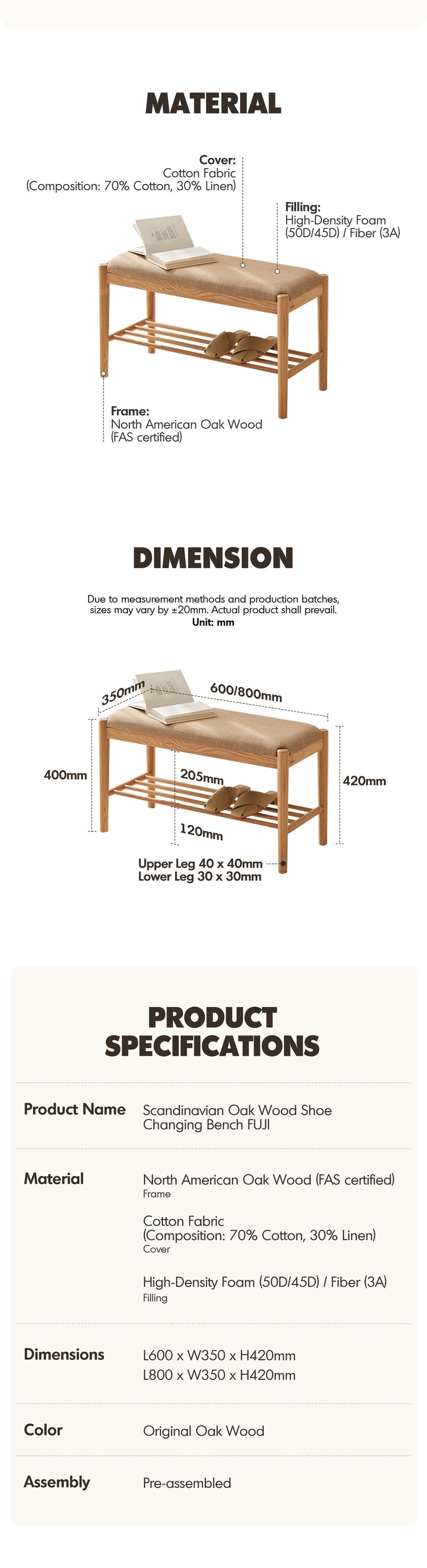 more product details and feature of Scandinavian Oak Wood Shoe Changing Bench FUJI