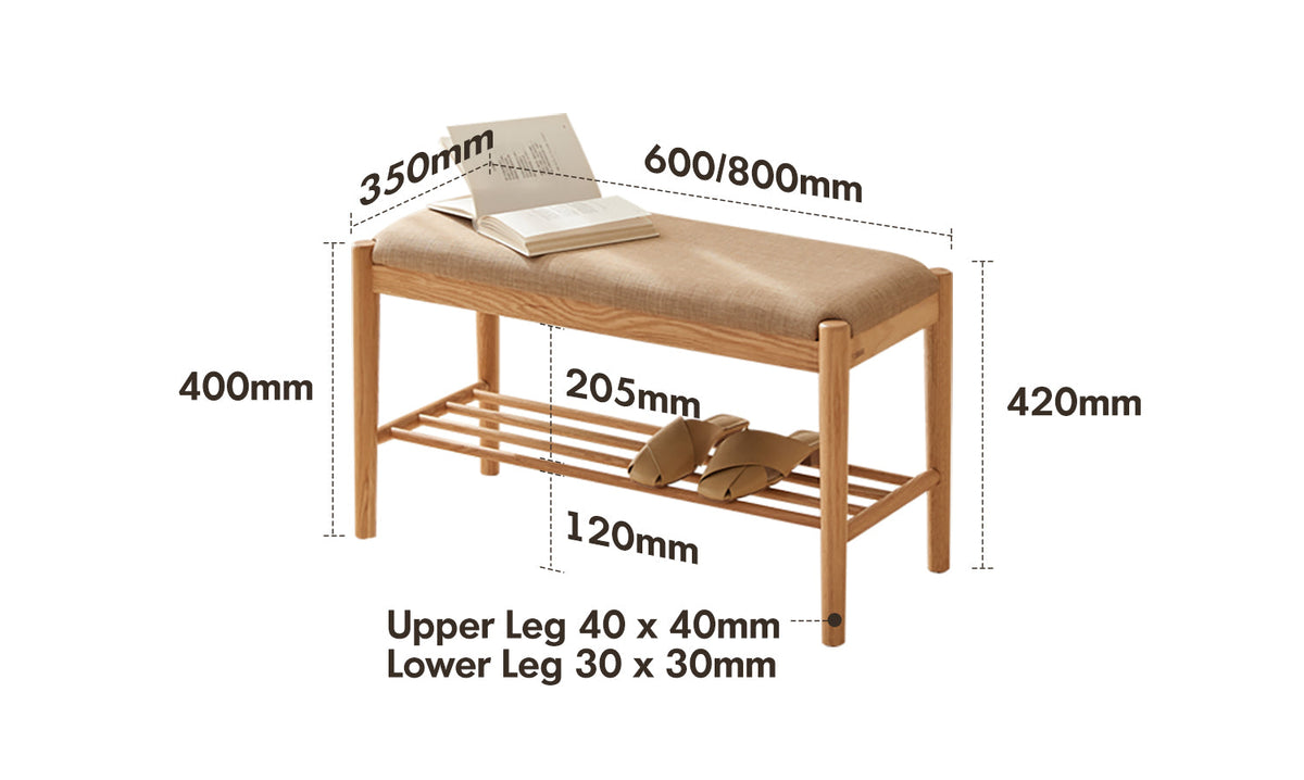 dimension detail diagram of Scandinavian Oak Wood Shoe Changing Bench FUJI