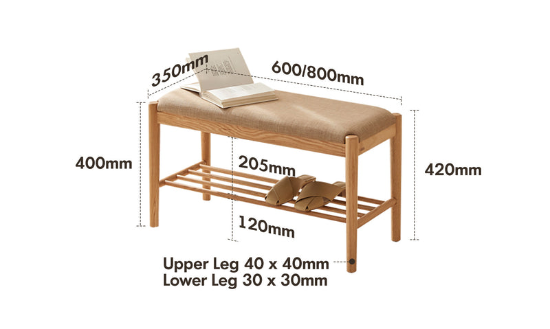 dimension detail diagram of Scandinavian Oak Wood Shoe Changing Bench FUJI