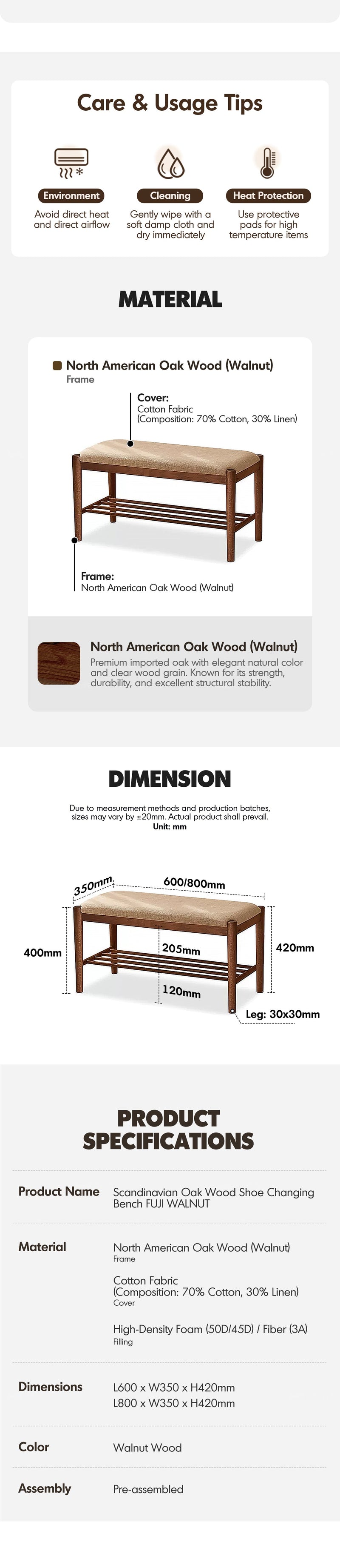 more product details and feature of Scandinavian Oak Wood Shoe Changing Bench FUJI WALNUT