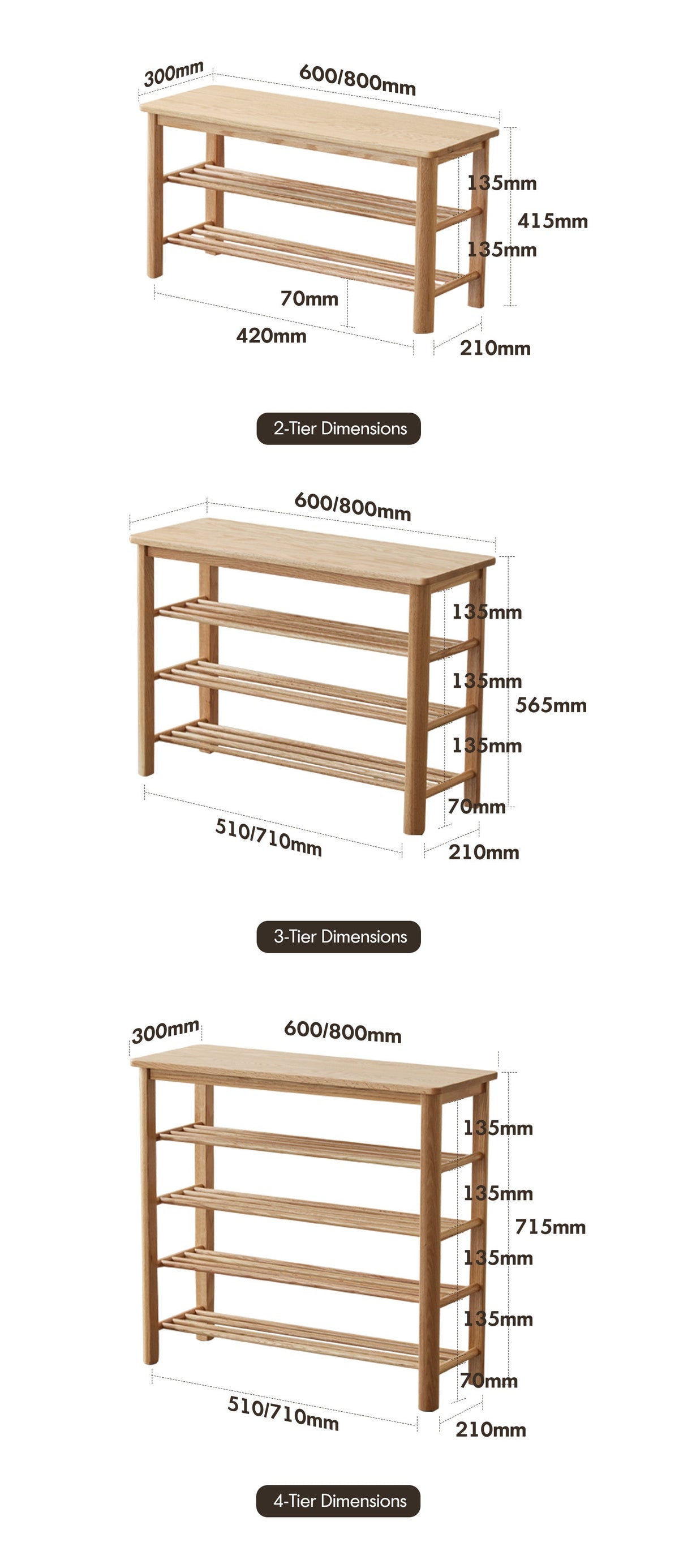 dimension detail diagram of Scandinavian Oak Wood Shoe Shelf FUJI
