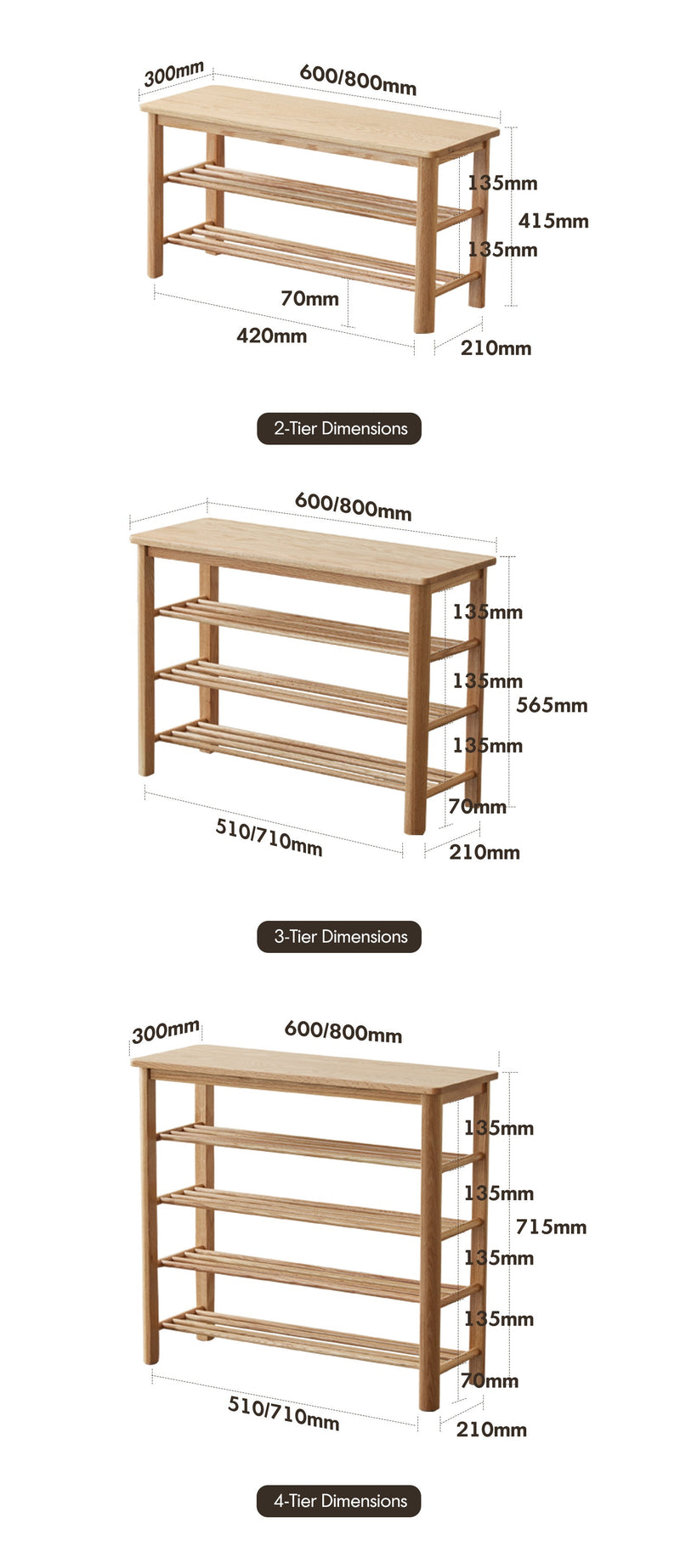 dimension detail diagram of Scandinavian Oak Wood Shoe Shelf FUJI