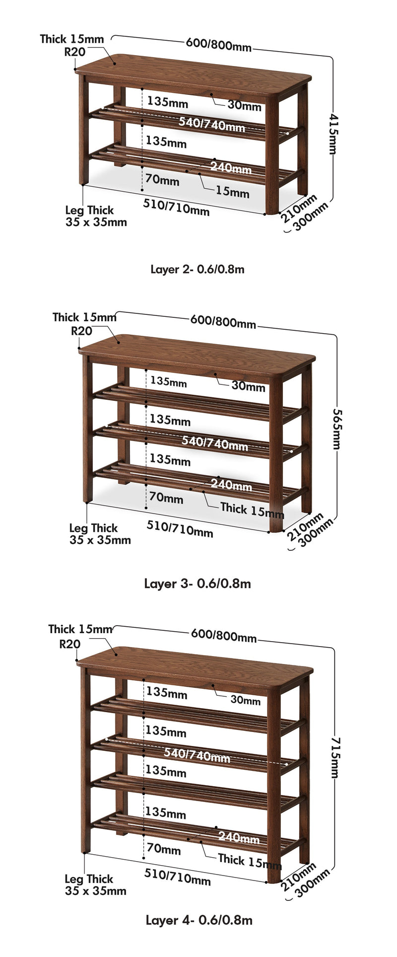 dimension detail diagram of Scandinavian Oak Wood Shoe Shelf FUJI WALNUT