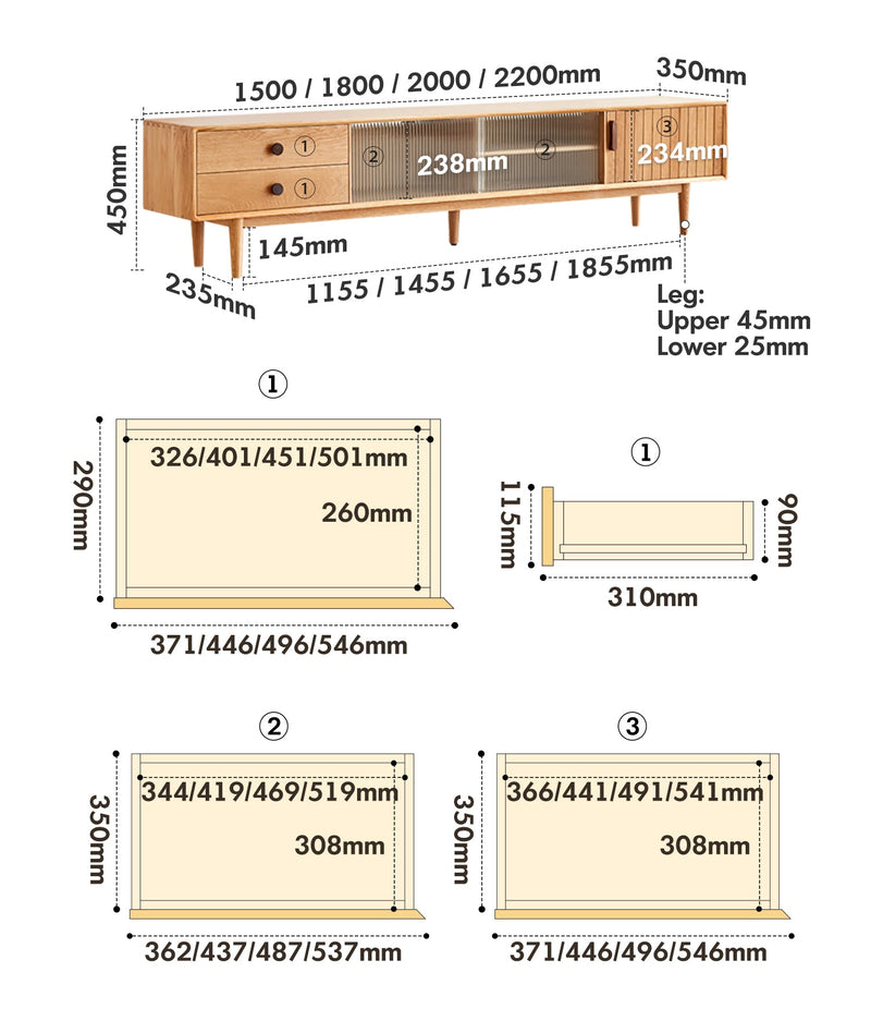 dimension detail diagram of Scandinavian Oak Wood TV Console DANYA